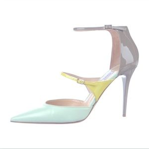 Jimmy Choo Patent Leather aqua blue yellow Colorblock Pattern D'Orsay Pumps 37